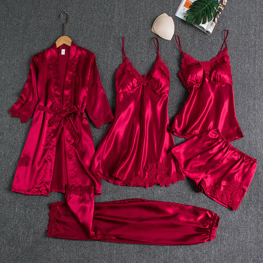 Luxury Satin 5-Piece Lace Trim Sleepwear Set for Women