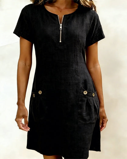 Cotton Linen Dress with Zipper and Pockets