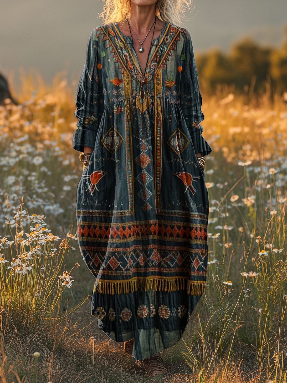 Vintage Boho Embroidered Maxi Dress