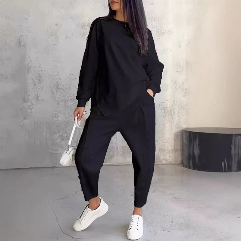 Women's Long-Sleeve Sweatshirt with Irregular Hem and Matching Pants