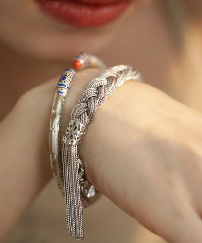 Stylish Silk Silver Woven Charm Bracelet with Tassel
