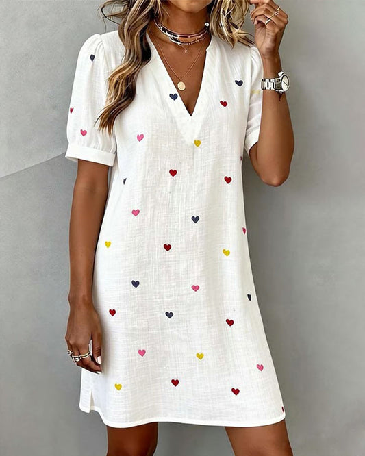 Colorful Heart Print Dress with V-Neck