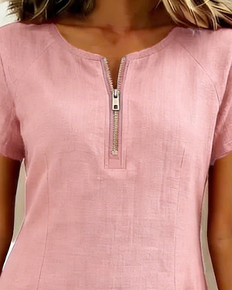 Cotton Linen Dress with Zipper and Pockets