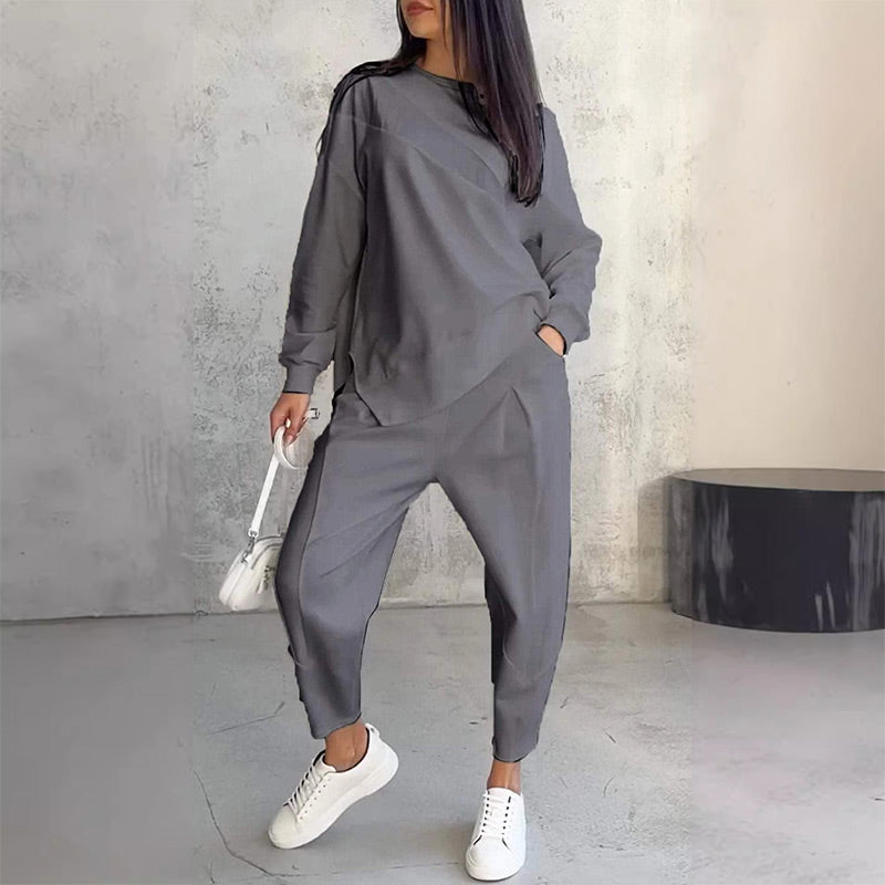 Women's Long-Sleeve Sweatshirt with Irregular Hem and Matching Pants