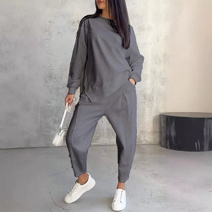 Women's Long-Sleeve Sweatshirt with Irregular Hem and Matching Pants