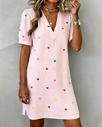 Colorful Heart Print Dress with V-Neck