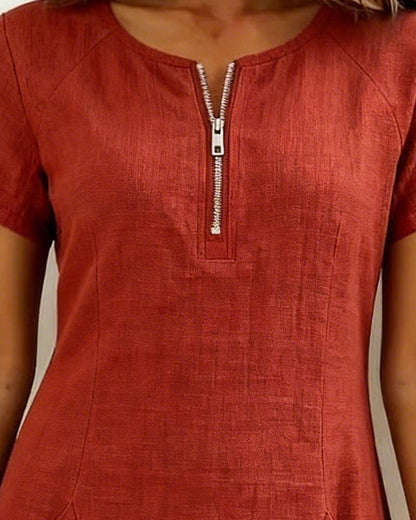 Cotton Linen Dress with Zipper and Pockets