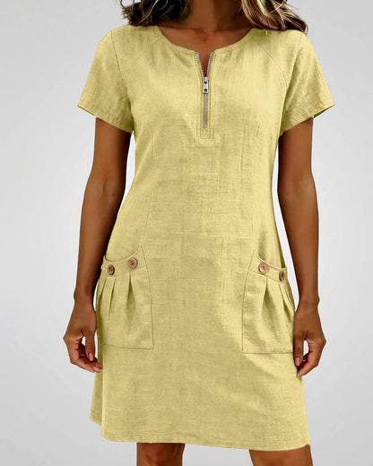 Cotton Linen Dress with Zipper and Pockets