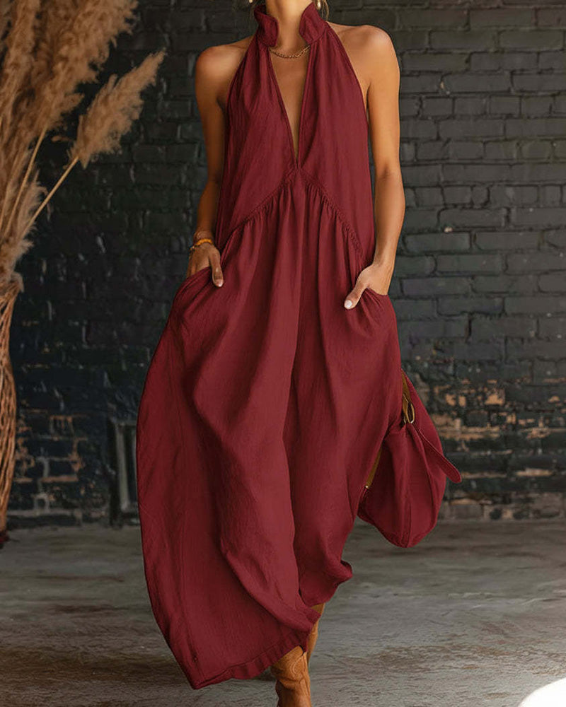 Sleeveless High Neck Solid Maxi Dress 100% Cotton