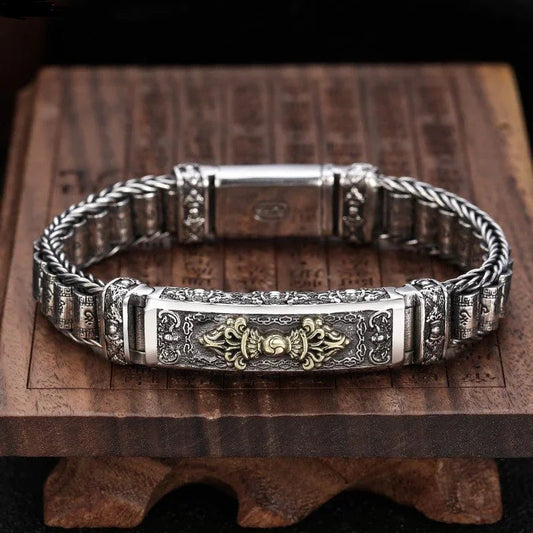 925 Sterling Silver Bracelet with Six Signs of Truth Vajra with Rotating Drum