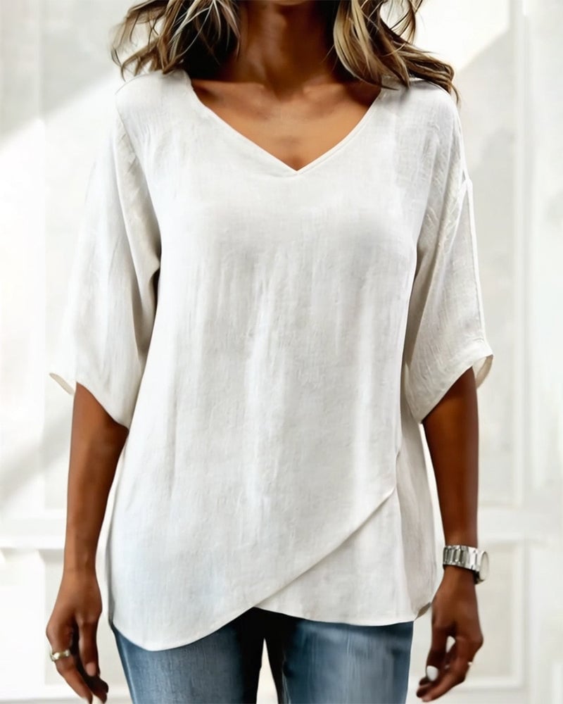 Top Irregular Hem Solid Color V-Neck