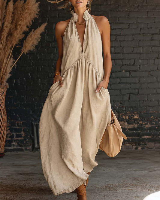 Sleeveless High Neck Solid Maxi Dress 100% Cotton