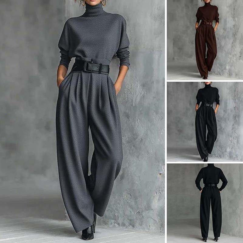 Elegant Turtleneck Wide-Leg Pants Set with Belt