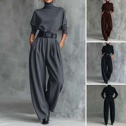 Elegant Turtleneck Wide-Leg Pants Set with Belt