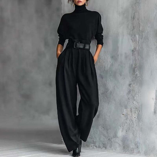 Elegant Turtleneck Wide-Leg Pants Set with Belt