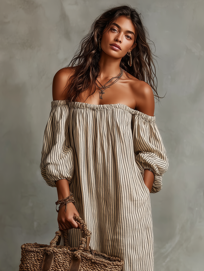 Carmen | Long Cotton and Linen Dress with Off-Shoulder Design
