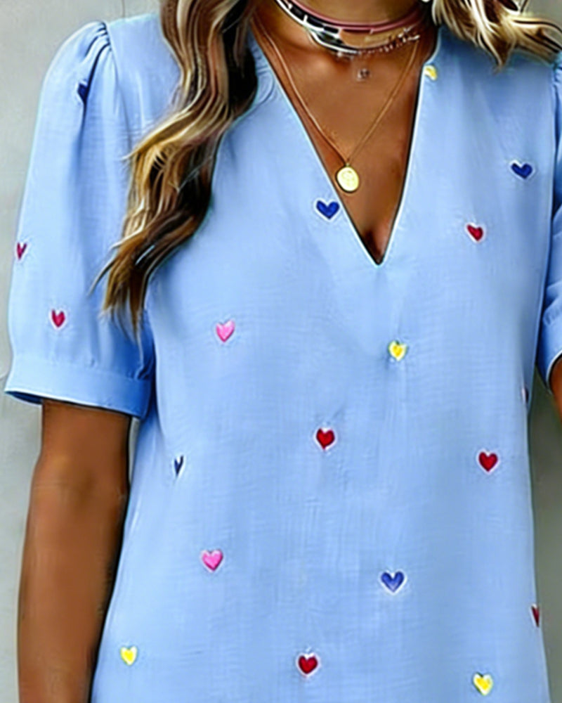 Colorful Heart Print Dress with V-Neck
