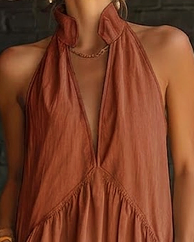 Sleeveless High Neck Solid Maxi Dress 100% Cotton