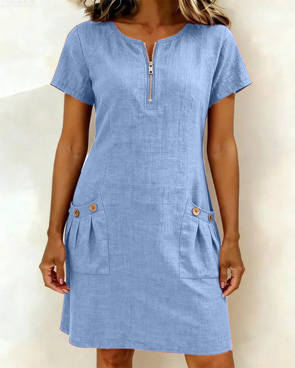 Cotton Linen Dress with Zipper and Pockets