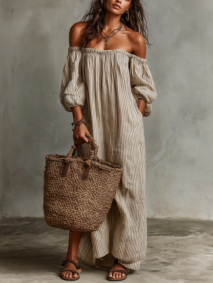Carmen | Long Cotton and Linen Dress with Off-Shoulder Design