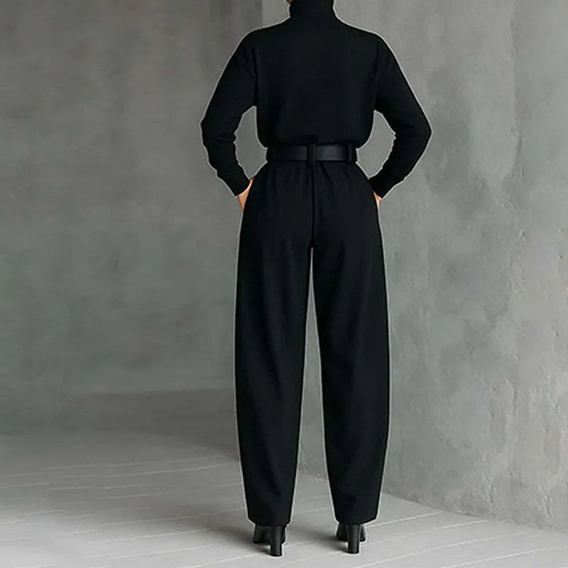Elegant Turtleneck Wide-Leg Pants Set with Belt