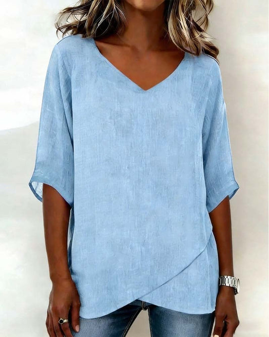 Top Irregular Hem Solid Color V-Neck