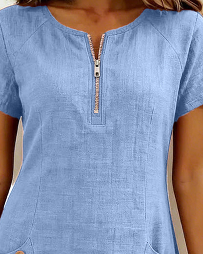 Cotton Linen Dress with Zipper and Pockets
