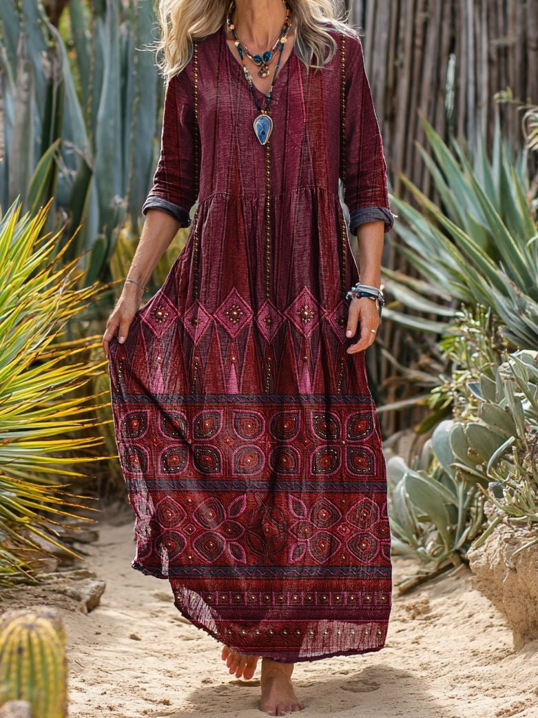 Vintage Boho Embroidered Maxi Dress