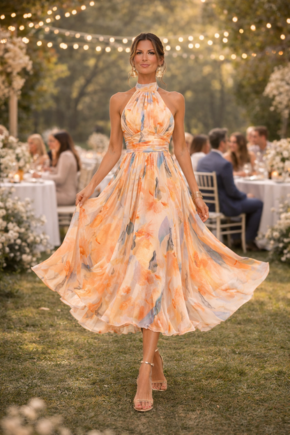 Esther™ | Halter Neck Watercolor Print Dress