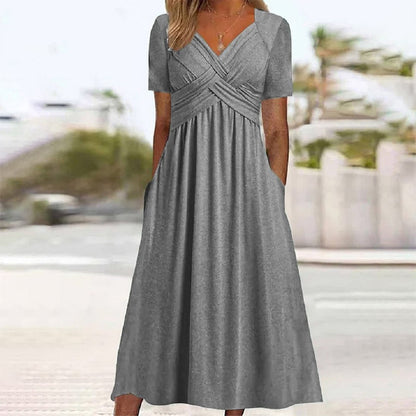 Elira – Elegant Dress with V-Neck and Short Sleeves