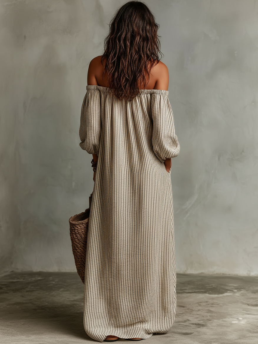 Carmen | Long Cotton and Linen Dress with Off-Shoulder Design