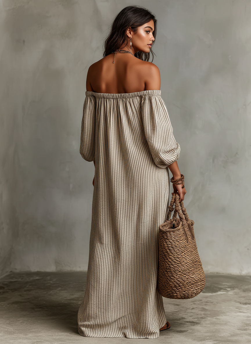 Carmen | Long Cotton and Linen Dress with Off-Shoulder Design