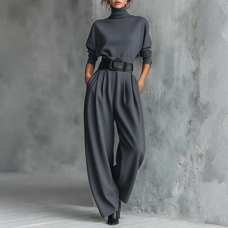 Elegant Turtleneck Wide-Leg Pants Set with Belt