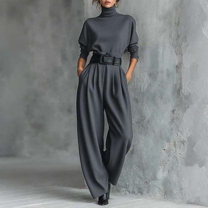 Elegant Turtleneck Wide-Leg Pants Set with Belt