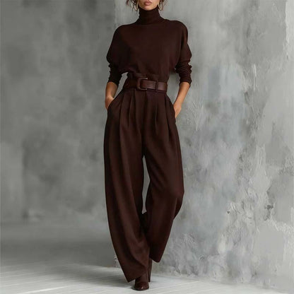 Elegant Turtleneck Wide-Leg Pants Set with Belt
