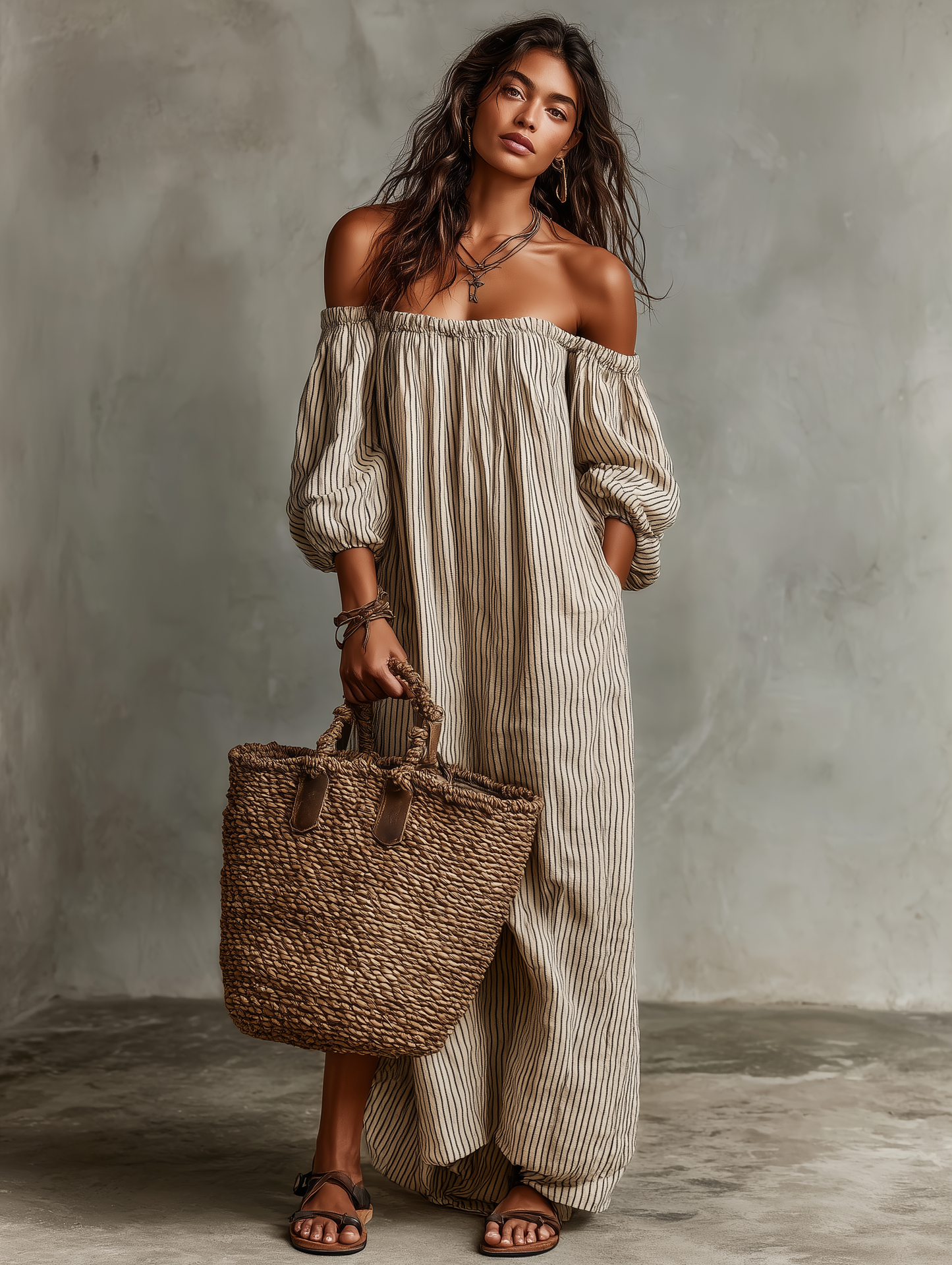 Carmen | Long Cotton and Linen Dress with Off-Shoulder Design