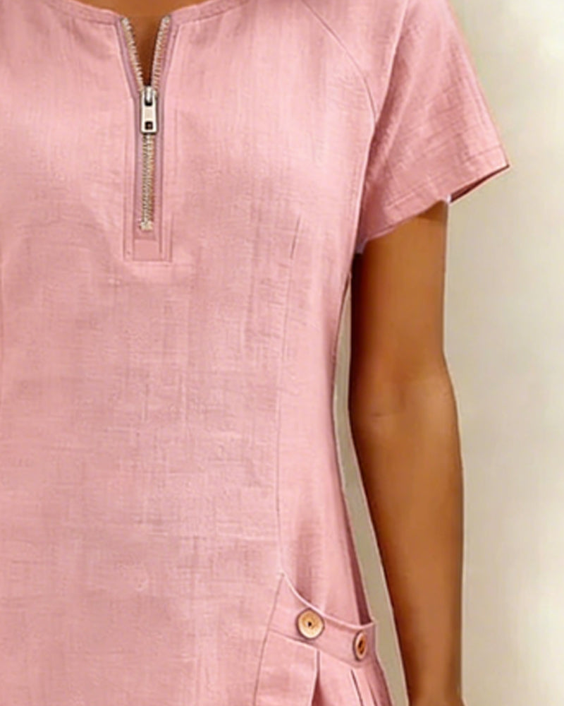 Cotton Linen Dress with Zipper and Pockets