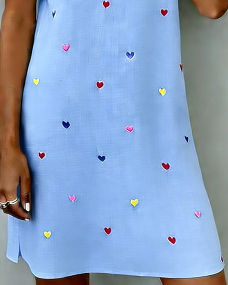 Colorful Heart Print Dress with V-Neck