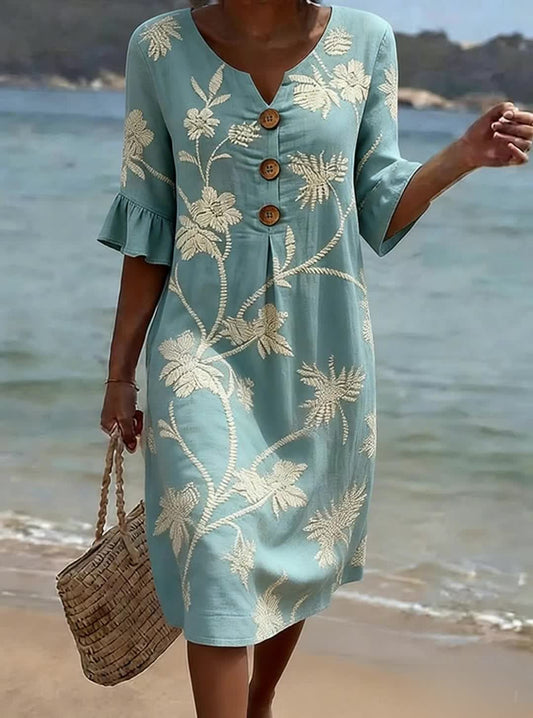 Women's Casual Floral Print Dress Made of Cotton and Linen