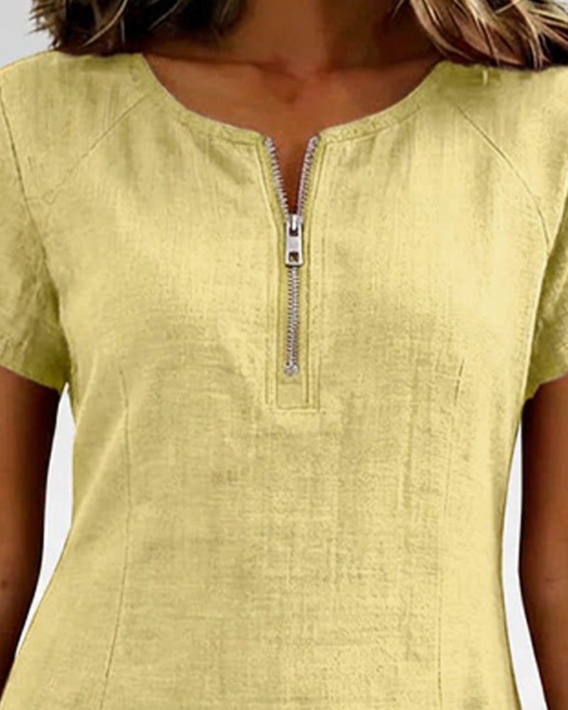 Cotton Linen Dress with Zipper and Pockets