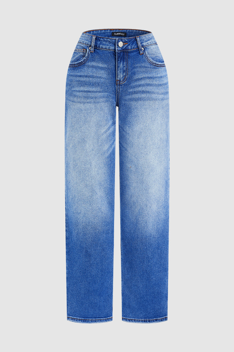 Wash Mid Waist Straight Leg Jeans