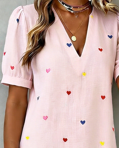 Colorful Heart Print Dress with V-Neck
