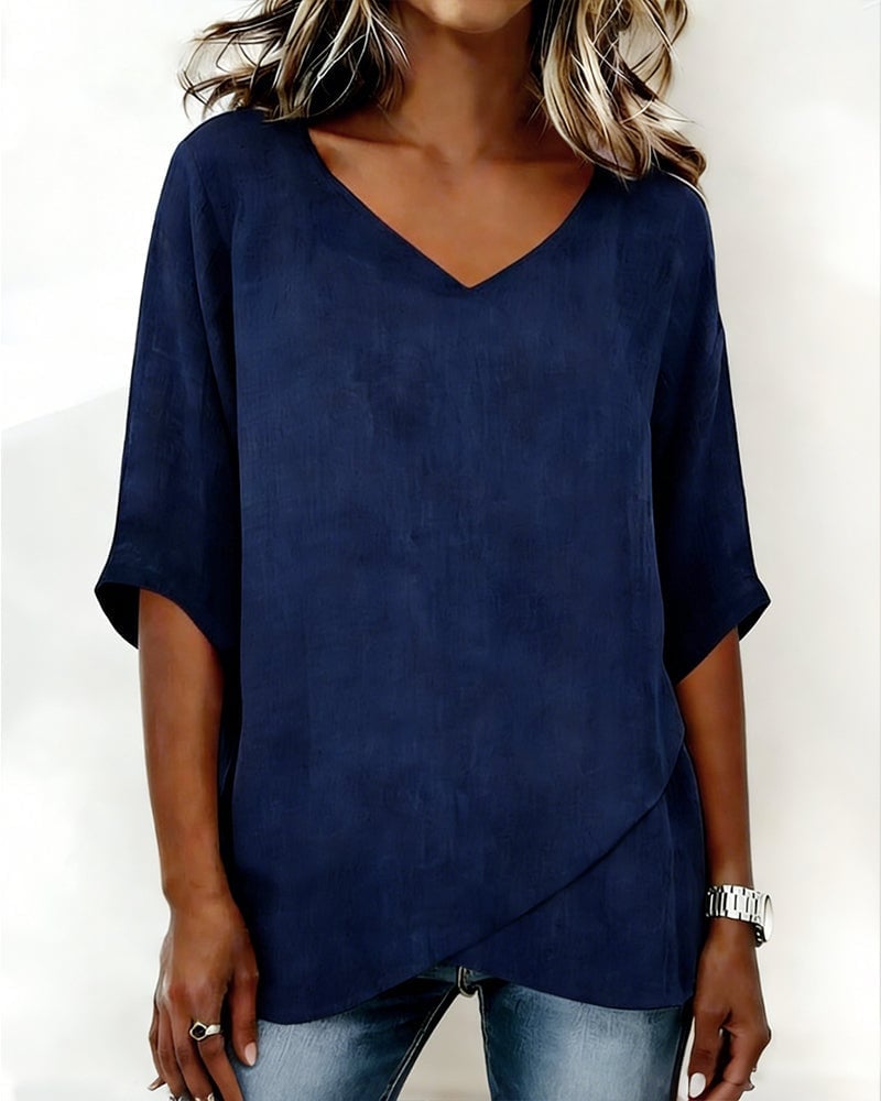 Top Irregular Hem Solid Color V-Neck
