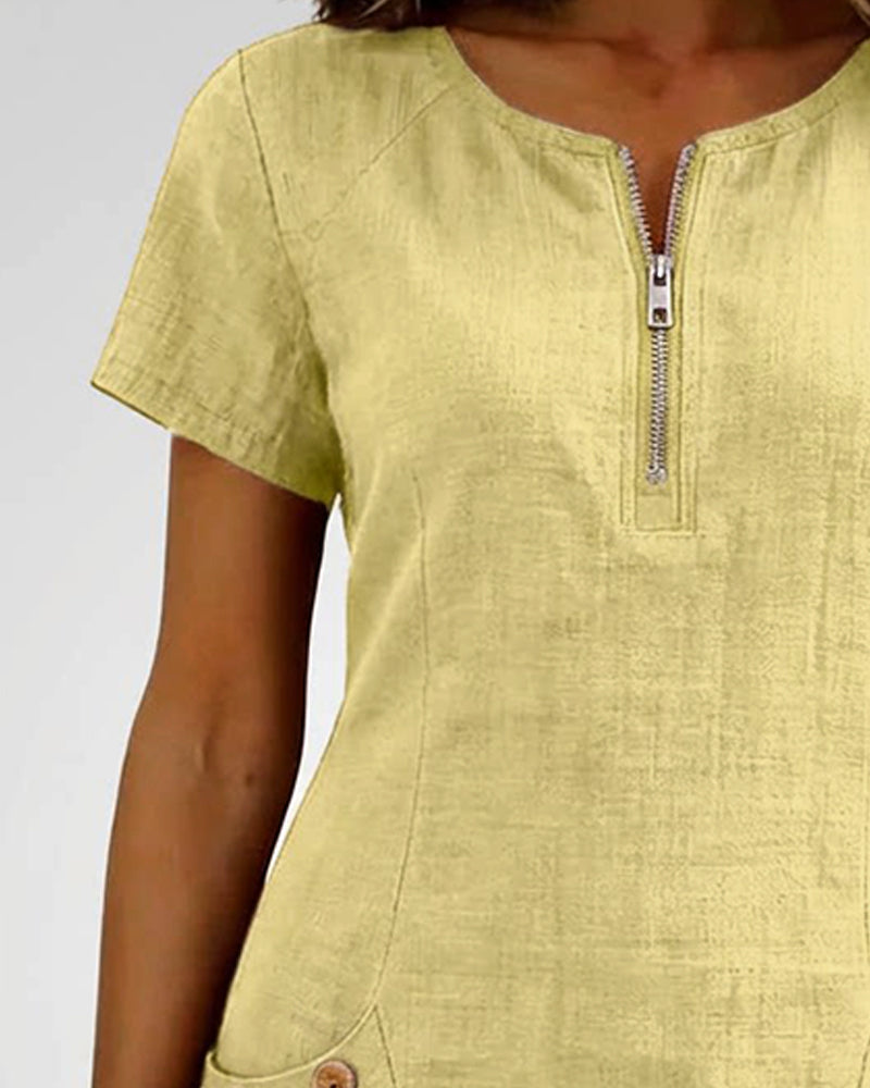 Cotton Linen Dress with Zipper and Pockets