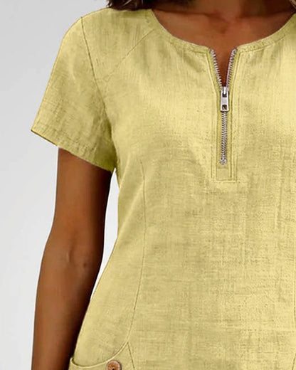 Cotton Linen Dress with Zipper and Pockets