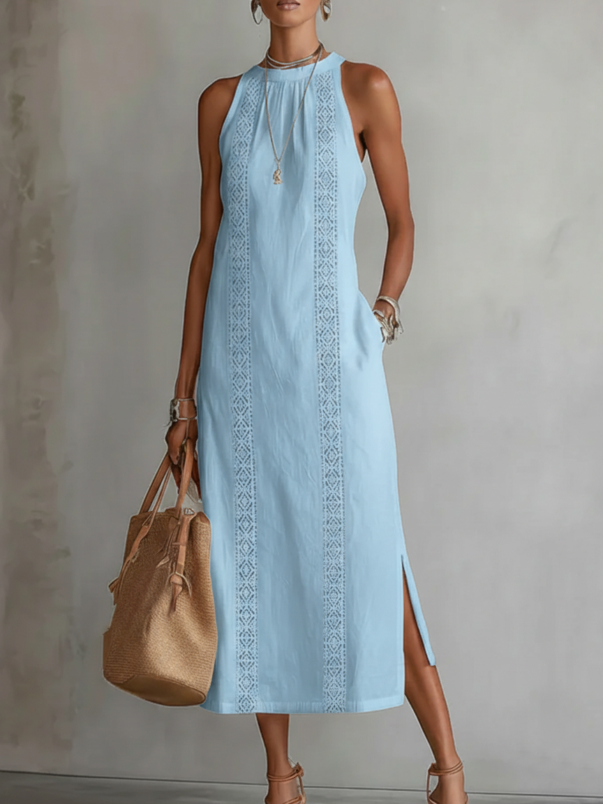 Jimena | Midi Linen Dress with Mao Collar